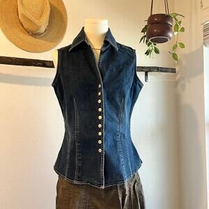 AMI Vintage Y2K Blue Denim Stretch Snap Button Sleeveless Vest Top Size Medium